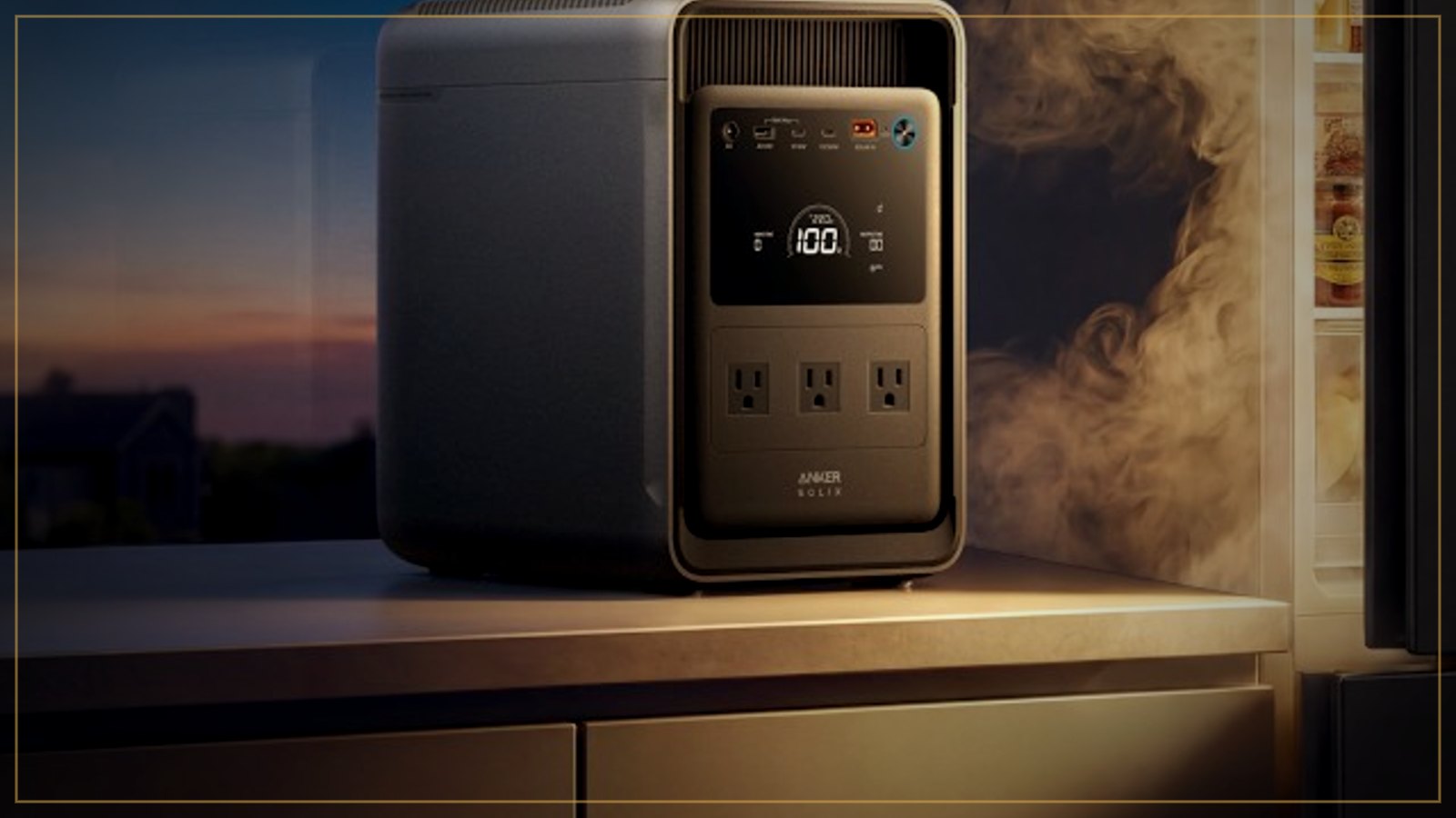 Anker SOLIX S2000 power station by a window at dusk