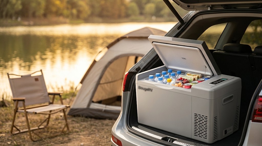 12V portable car fridge in the back of an SUV at a campsite