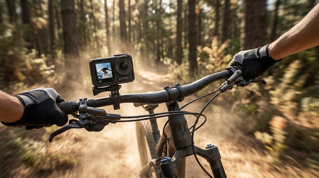 Action camera mounted on a mountain bike handlebar on a forest trail