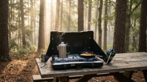 Two-burner propane camping stove cooking breakfast at a campsite