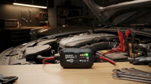 Smart battery charger connected to a car battery in a garage