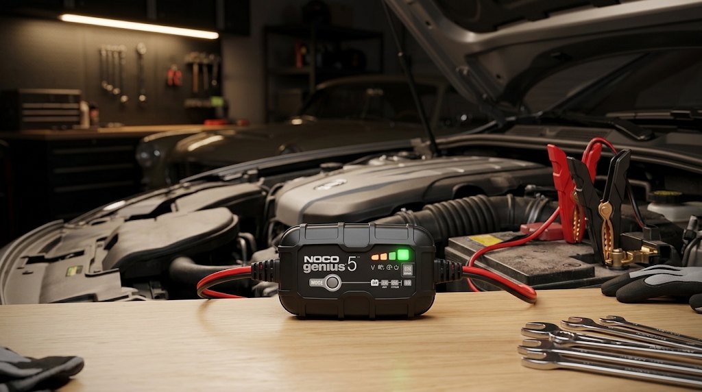 Smart battery charger connected to a car battery in a garage