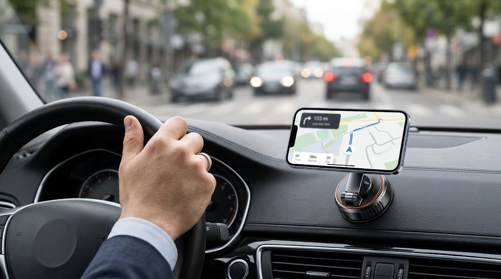Magnetic phone mount holding an iPhone on a car dashboard with navigation on screen