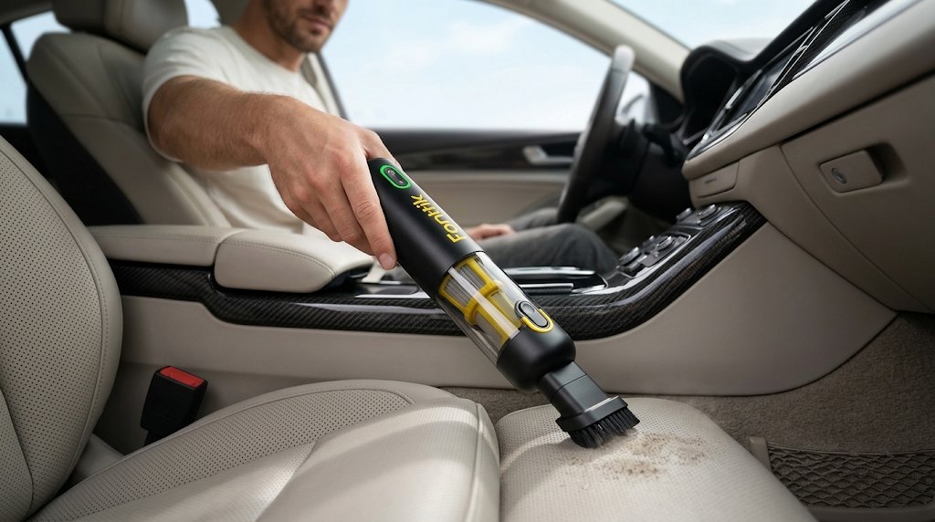 Cordless handheld car vacuum cleaning a modern car interior