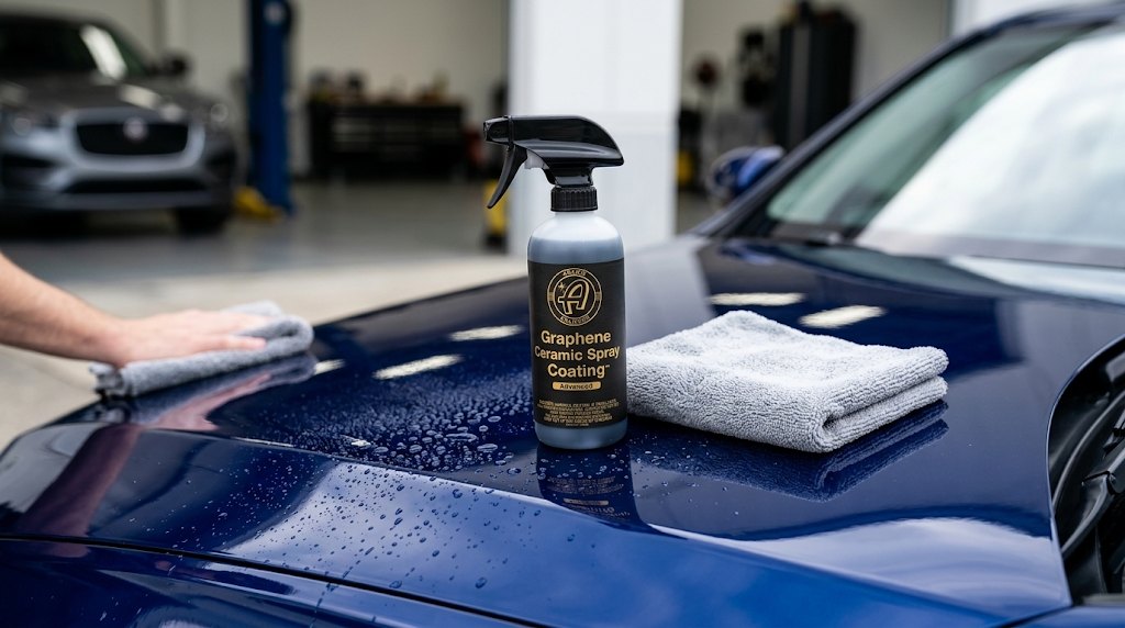 Ceramic spray coating bottle on a glossy freshly detailed car hood