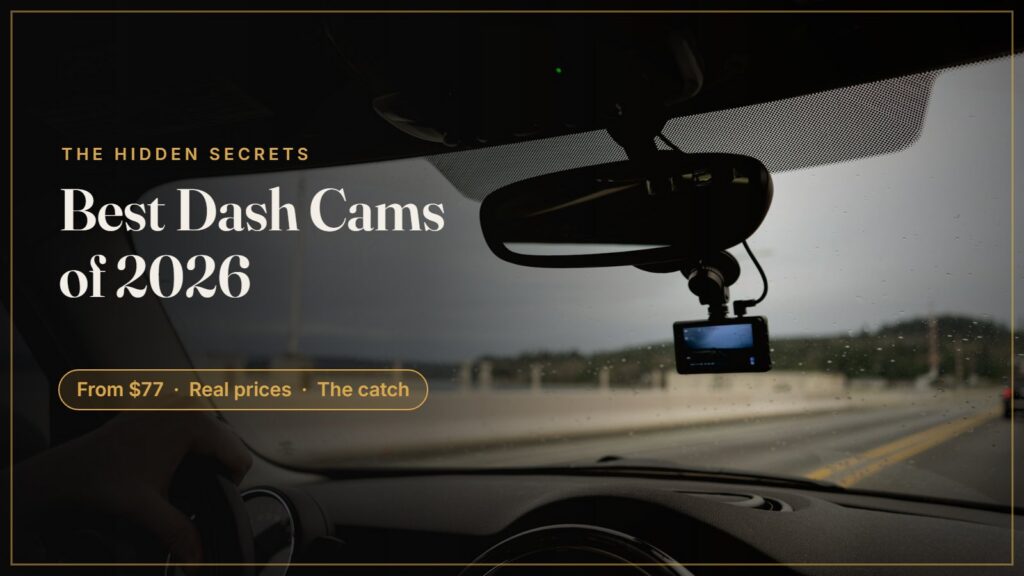 Dash cam mounted behind a rearview mirror while driving