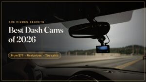 Dash cam mounted behind a rearview mirror while driving