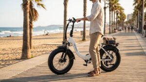 Folding fat-tire electric bike on a sunny beachfront path