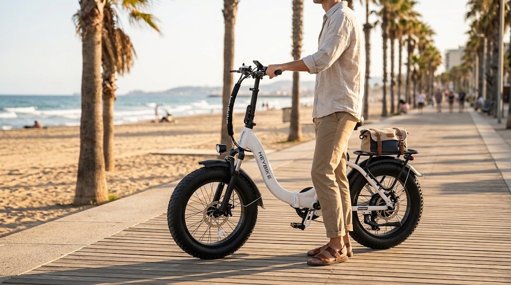 Folding fat-tire electric bike on a sunny beachfront path
