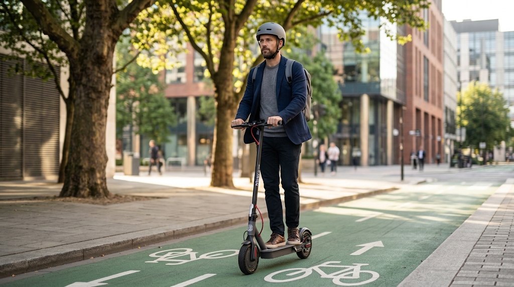 Adult riding an electric scooter in a city bike lane
