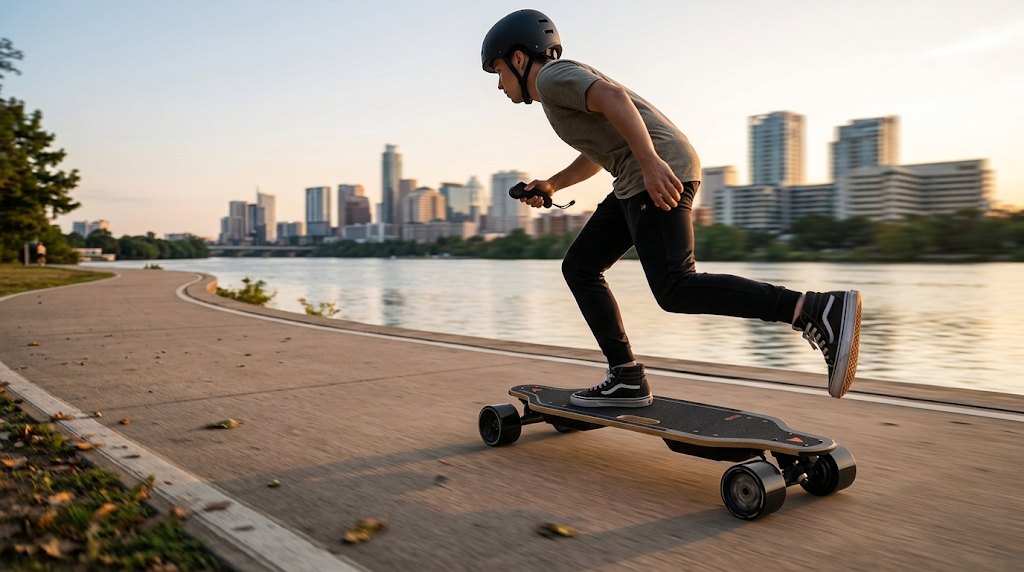 Electric skateboard rider cruising a city bike path at sunset