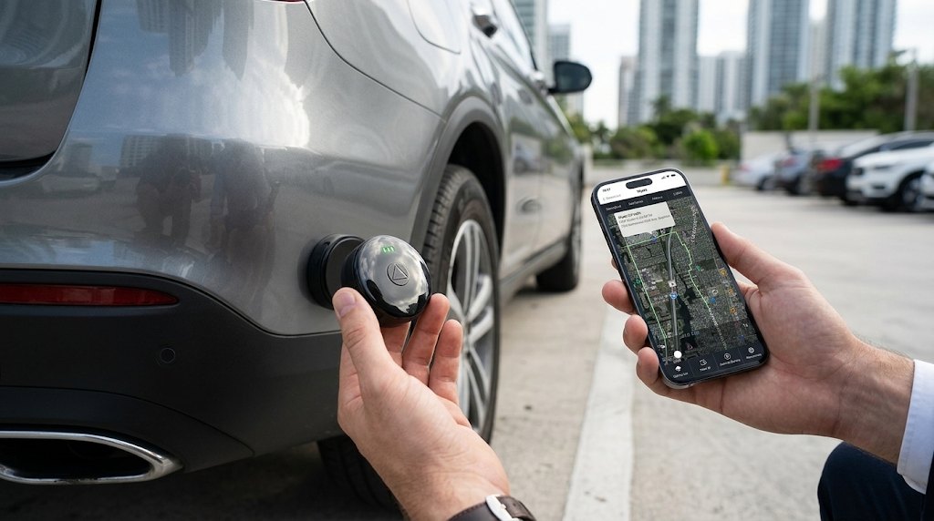 Hand holding a small GPS tracker next to a car with a tracking map on a phone