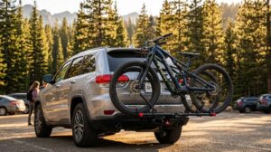 Hitch-mount bike rack carrying mountain bikes on an SUV at a trailhead