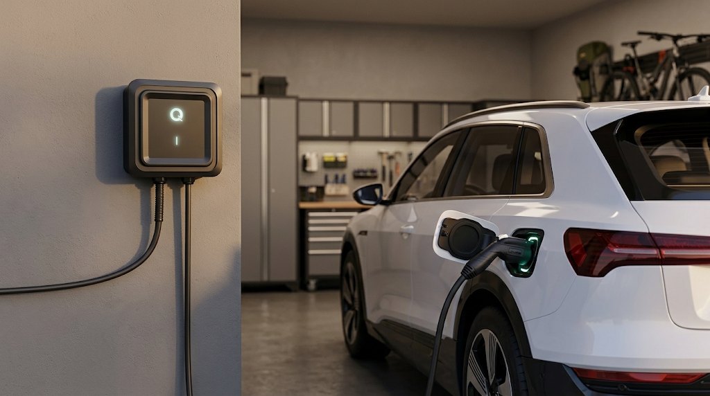 Level 2 EV charger on a garage wall charging a white electric SUV