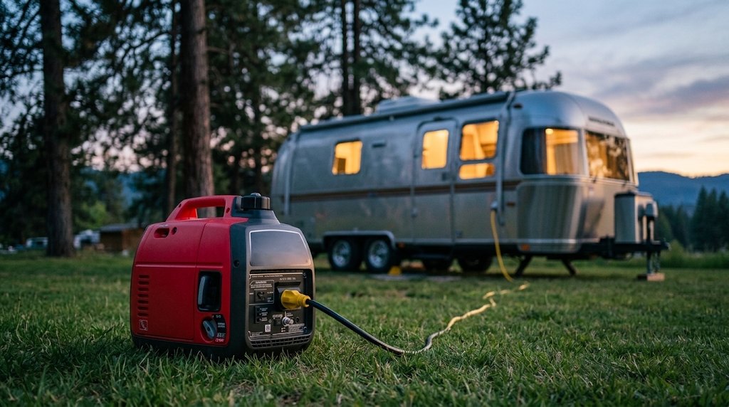 Red portable inverter generator powering a travel trailer at a campsite at dusk