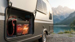 Lithium LiFePO4 battery installed in an RV battery compartment at a campsite