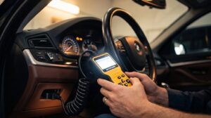 Handheld OBD2 code reader plugged in under a car dashboard