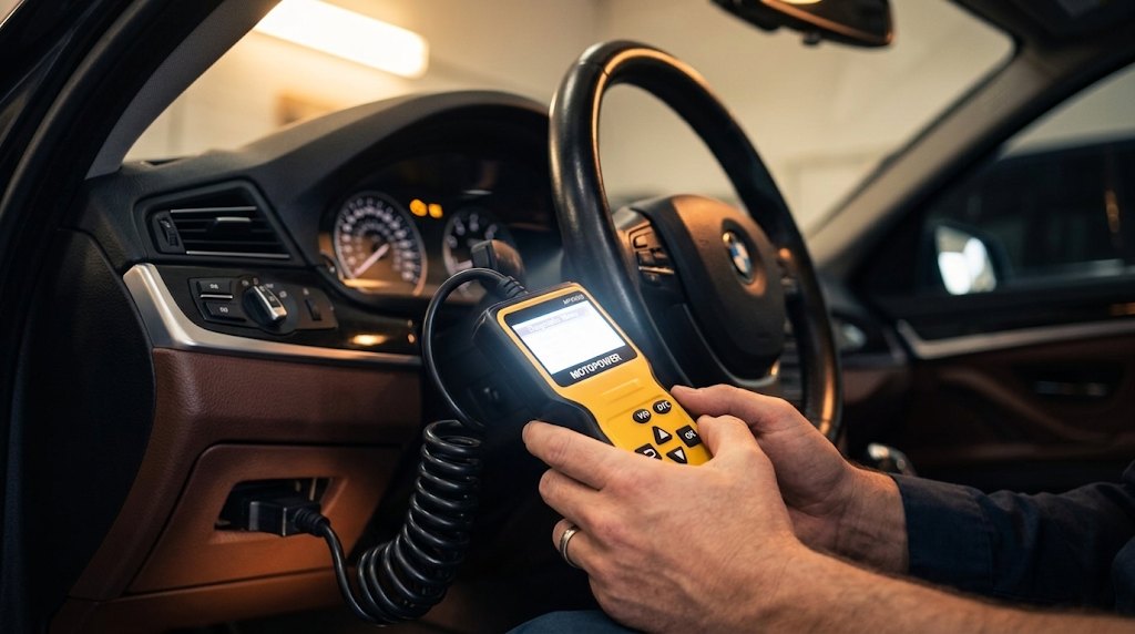Handheld OBD2 code reader plugged in under a car dashboard