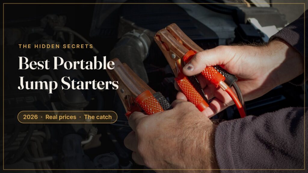Hands connecting jump starter clamps to a car battery