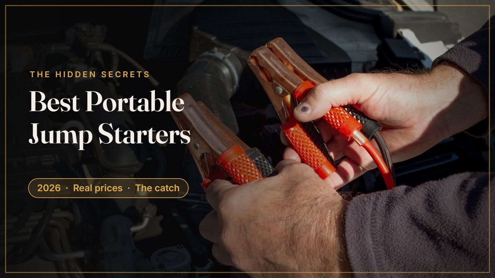 Hands connecting jump starter clamps to a car battery