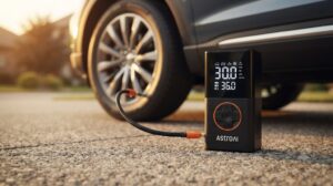 Cordless tire inflator connected to an SUV tire valve on a driveway