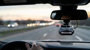 Radar detector mounted on a car windshield with a highway at dusk