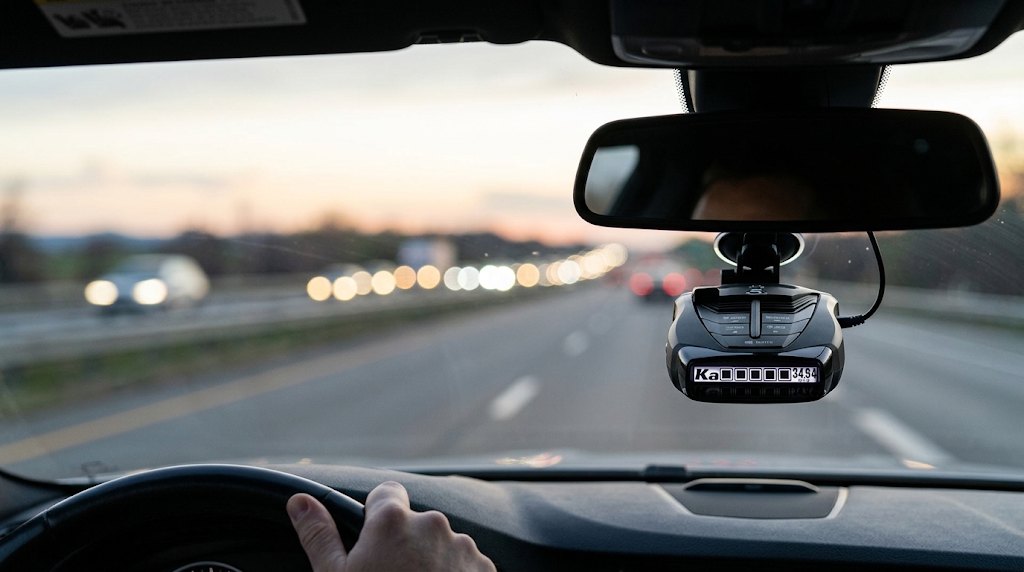 Radar detector mounted on a car windshield with a highway at dusk