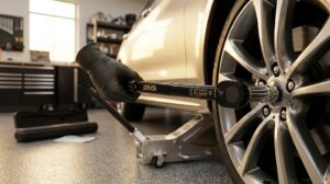 Click torque wrench tightening a lug nut on a car wheel in a garage