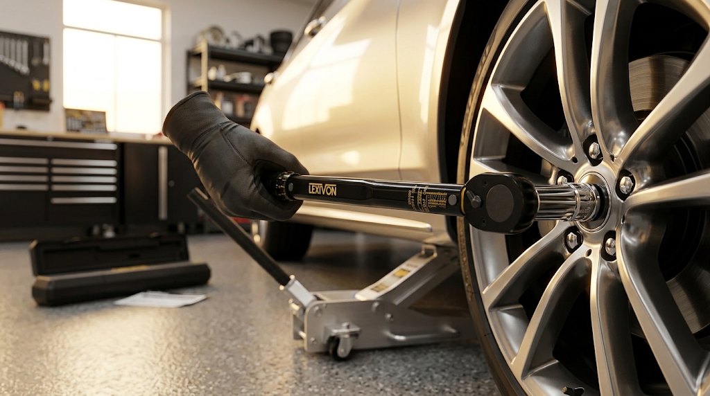 Click torque wrench tightening a lug nut on a car wheel in a garage