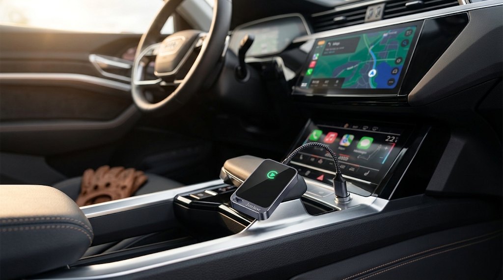 Wireless CarPlay adapter plugged into a car center console with CarPlay maps on the screen