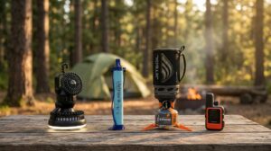 Camping lantern fan, LifeStraw, Jetboil stove and Garmin inReach on a camp table at a forest campsite