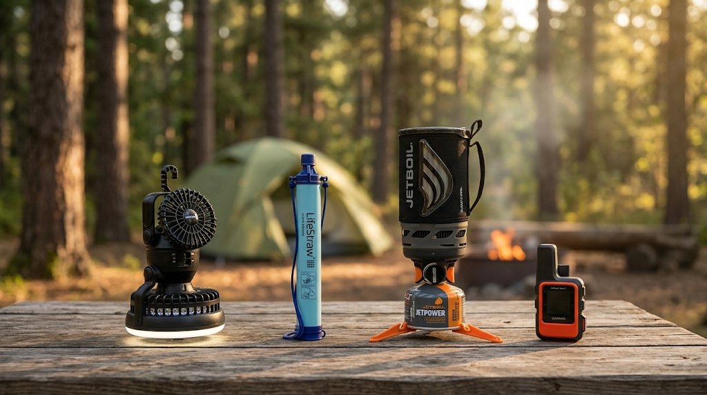 Camping lantern fan, LifeStraw, Jetboil stove and Garmin inReach on a camp table at a forest campsite